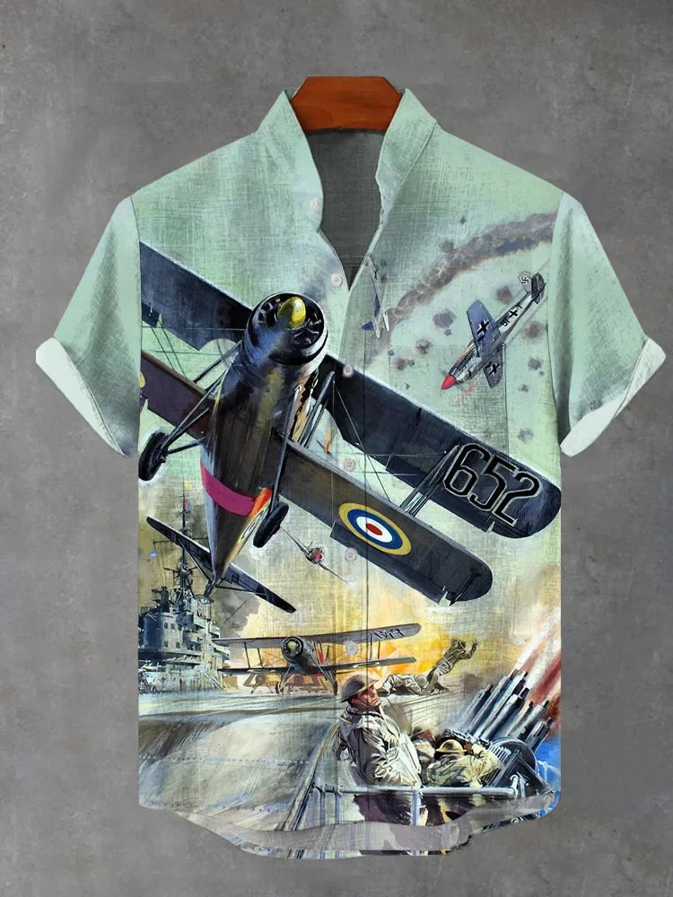 Men's stylish airplane print short sleeve shirt polyester fabric suitable for summer vacation