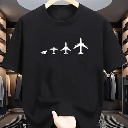 Men Cotton Crew Neck T-Shirt with Airplane Evolution Print Casual Sporty All-Season Short Sleeve