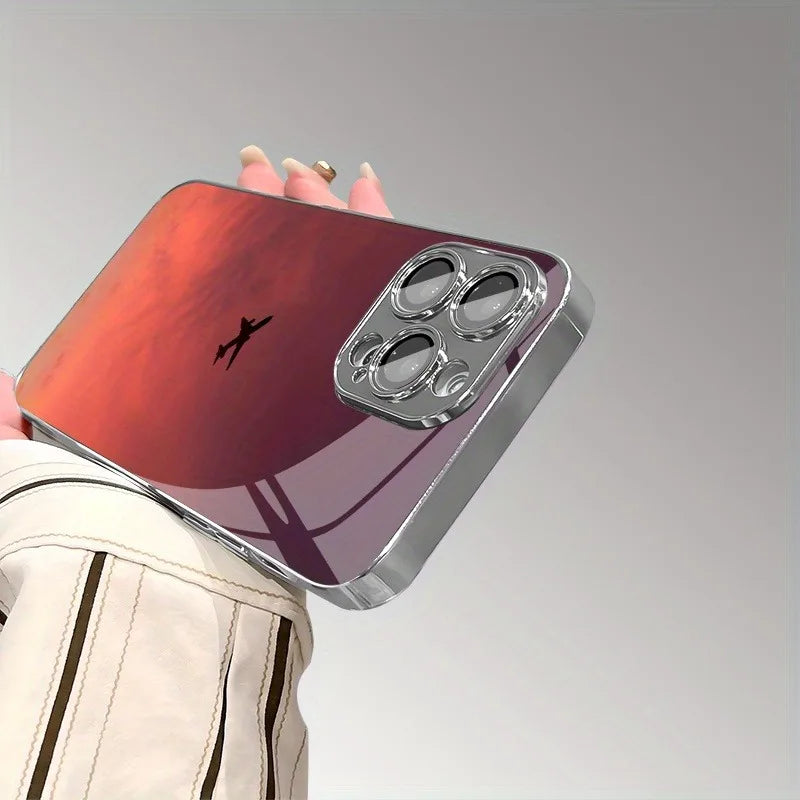 Sunset Colorful Cloud Airplane Print Glass Electroplated Phone Case For iPhone