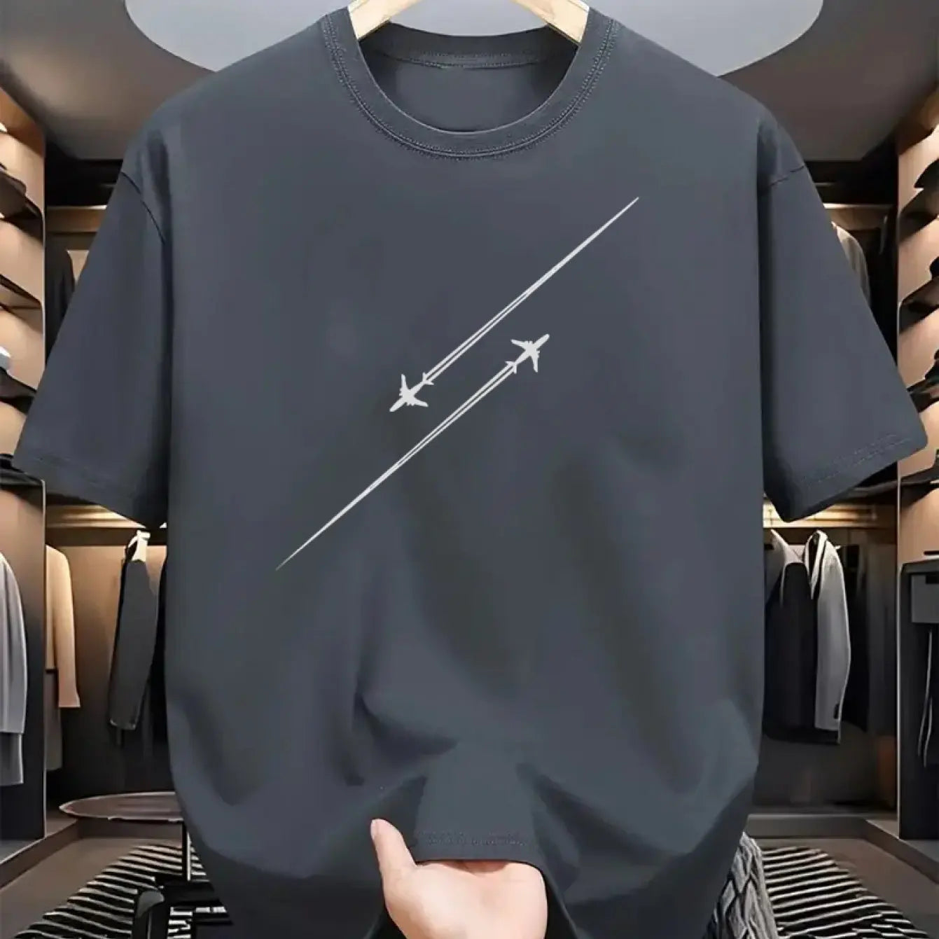 100% pure cotton airplane flight track printed fashionable and casual loose round neck short sleeved T-shirt top