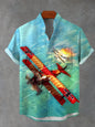 Men's stylish airplane print short sleeve shirt polyester fabric suitable for summer vacation