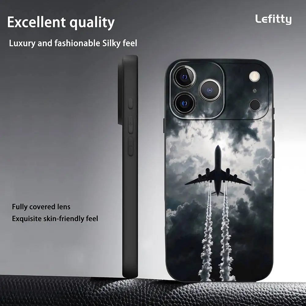 Airplane Plane Fly Travel Cloud Phone Case For IPhone 17 16 15 14 13 12 11 Pro Max Plus Mini Black Frosted Soft Shell Funda