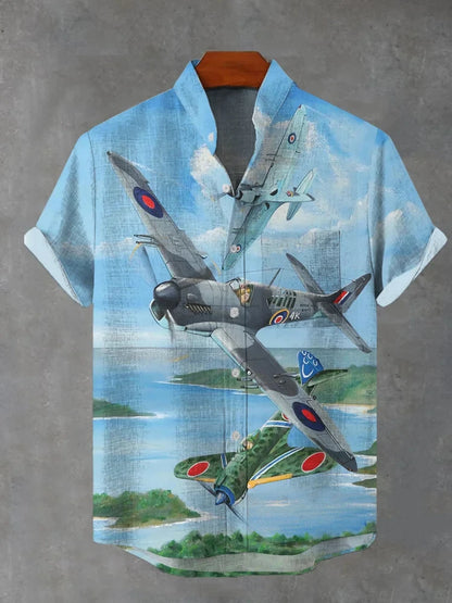Men's stylish airplane print short sleeve shirt polyester fabric suitable for summer vacation