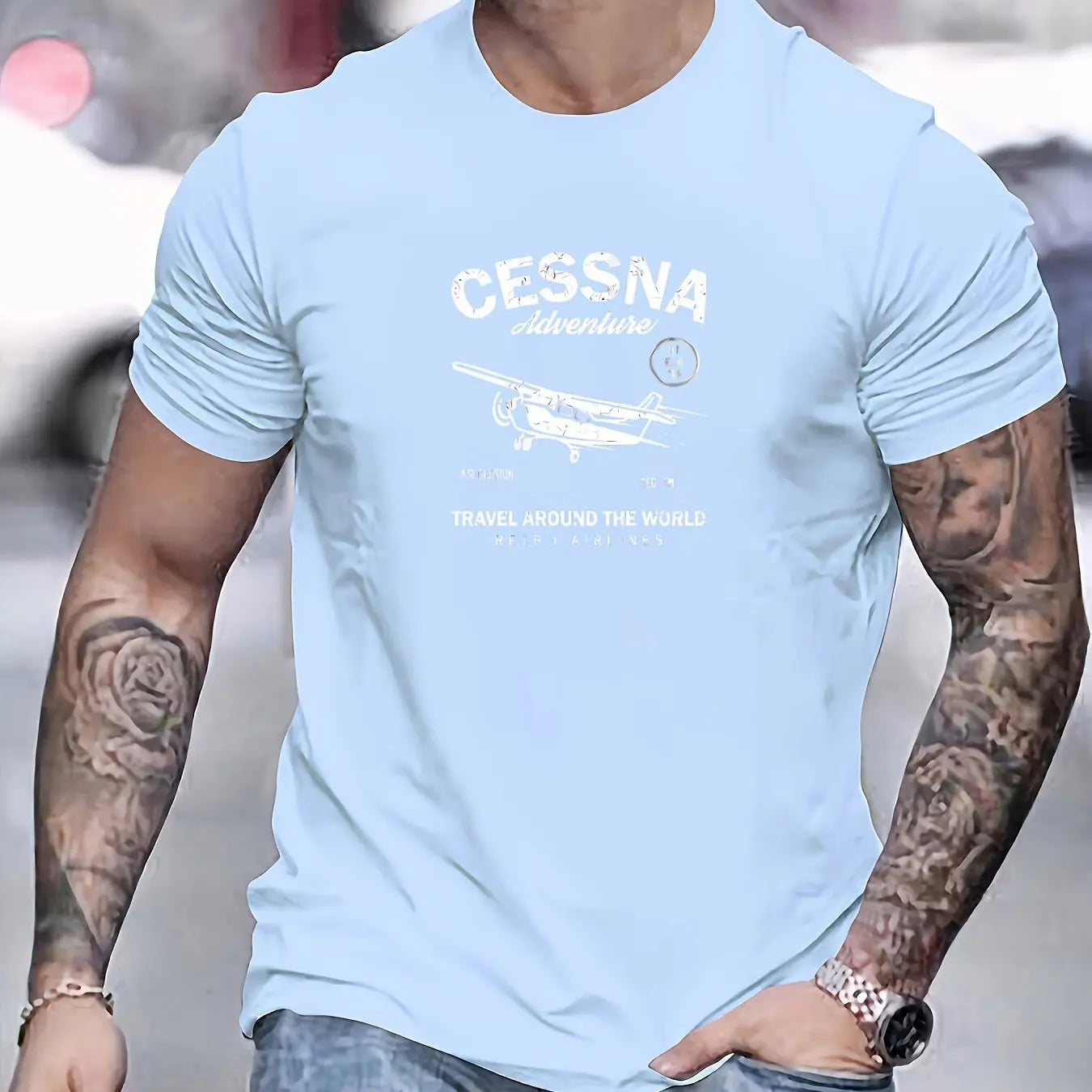 100 % cotton fashionable casual sports loose fit plus size airplane pattern printed round neck short sleeved T-shirt