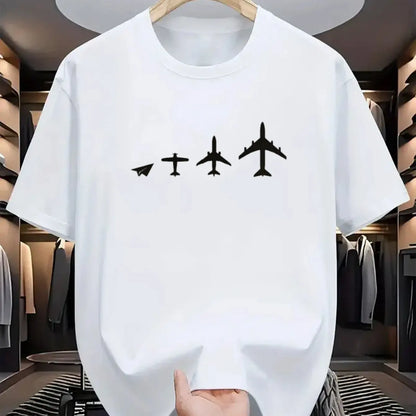 Men Cotton Crew Neck T-Shirt with Airplane Evolution Print Casual Sporty All-Season Short Sleeve