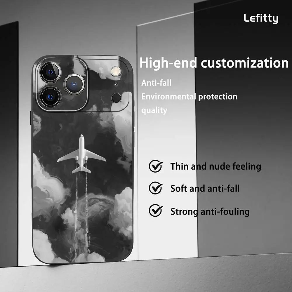 Airplane Plane Fly Travel Cloud Phone Case For IPhone 17 16 15 14 13 12 11 Pro Max Plus Mini Black Frosted Soft Shell Funda