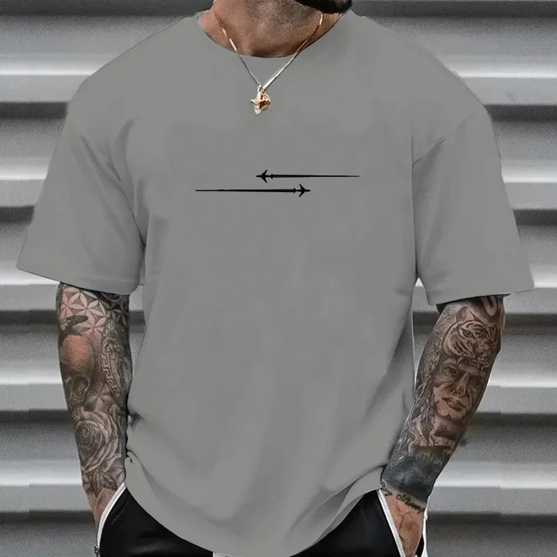 100% Cotton Casual Loose Large Creative Airplane Printed Comfortable Sports Round Neck Short Sleeve T-shirt