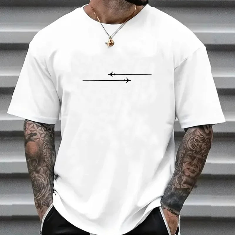 100% Cotton Casual Loose Large Creative Airplane Printed Comfortable Sports Round Neck Short Sleeve T-shirt