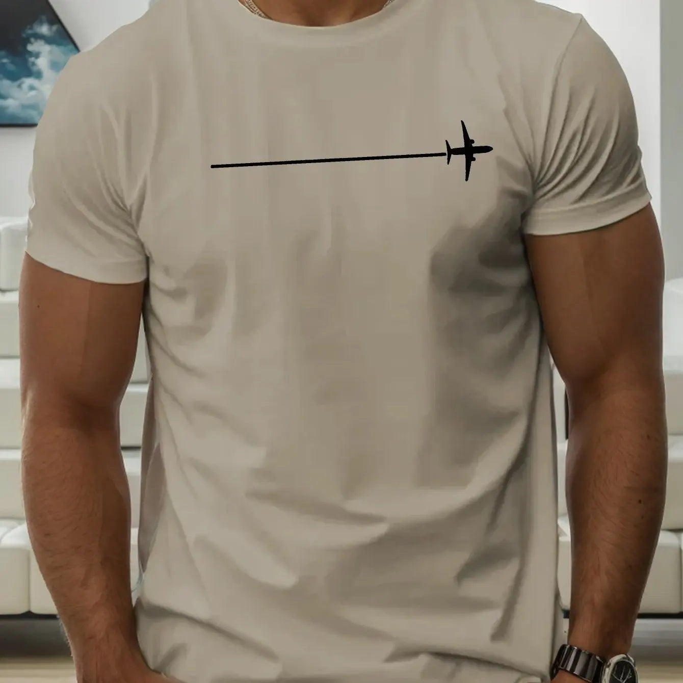 100 % pure cotton fashionable casual loose minimalist airplane pattern printed round neck short sleeved T-shirt