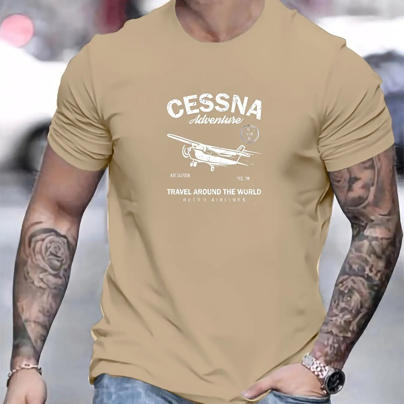 100 % cotton fashionable casual sports loose fit plus size airplane pattern printed round neck short sleeved T-shirt