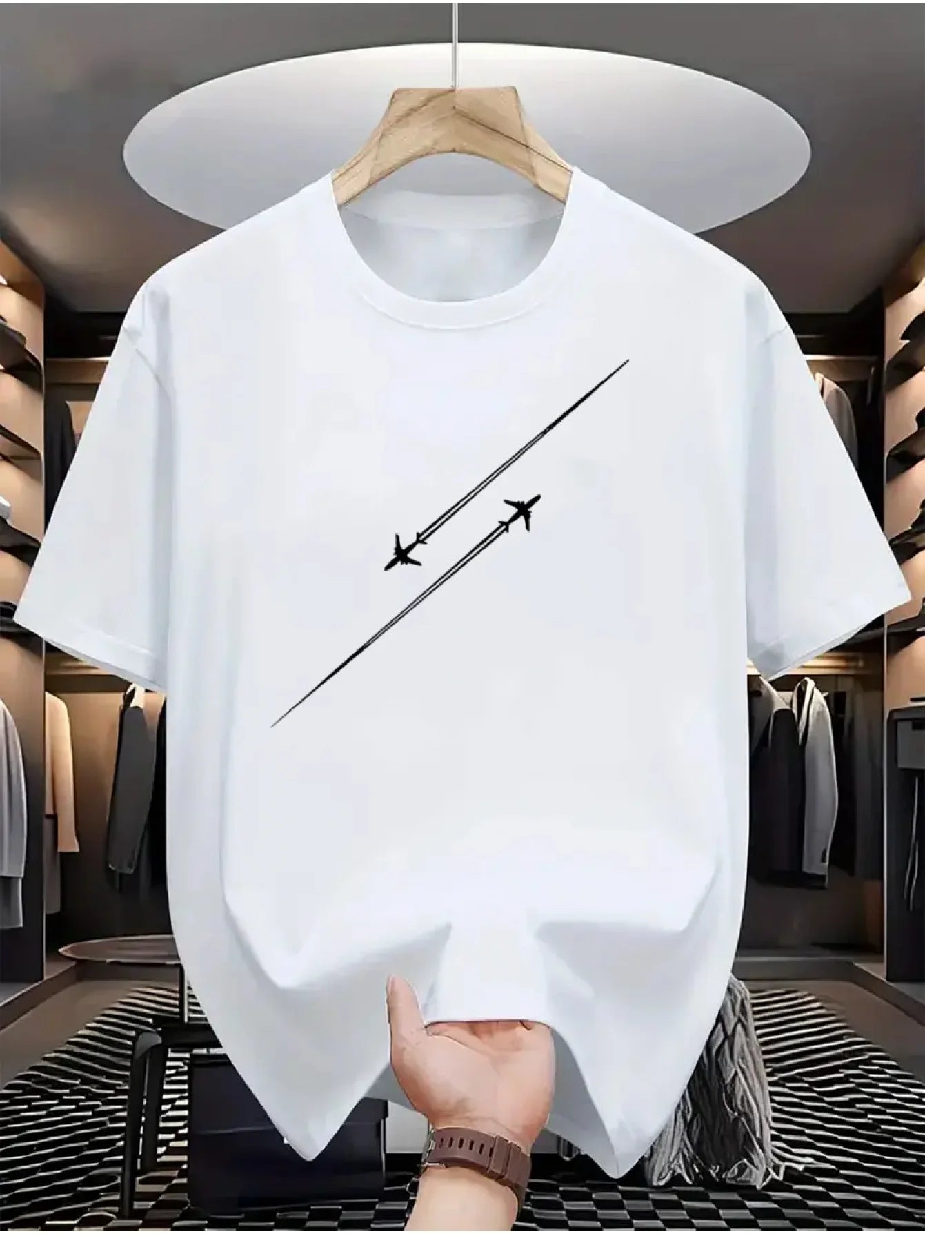 100% pure cotton airplane flight track printed fashionable and casual loose round neck short sleeved T-shirt top