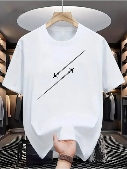 100% pure cotton airplane flight track printed fashionable and casual loose round neck short sleeved T-shirt top