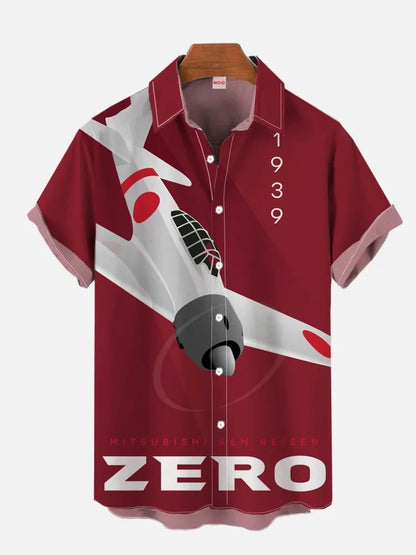 3D printed airplane model printed single-breasted shirt casual shirt lapel short-sleeved men