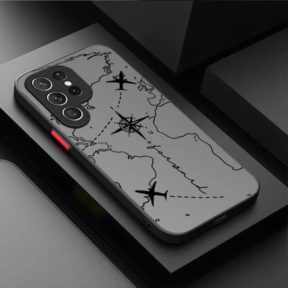 Travel Airplane Route Matte Case For Samsung Galaxy S25 Ultra S23 S24 S22 S21 Plus FE A56 A36 A26 A16 A06 A15 A25 A35 A55 5G