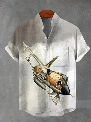 Men's stylish airplane print short sleeve shirt polyester fabric suitable for summer vacation