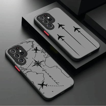 Travel Airplane Route Matte Case For Samsung Galaxy S25 Ultra S23 S24 S22 S21 Plus FE A56 A36 A26 A16 A06 A15 A25 A35 A55 5G
