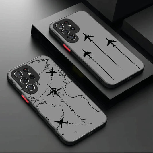 Travel Airplane Route Matte Case For Samsung Galaxy S25 Ultra S23 S24 S22 S21 Plus FE A56 A36 A26 A16 A06 A15 A25 A35 A55 5G