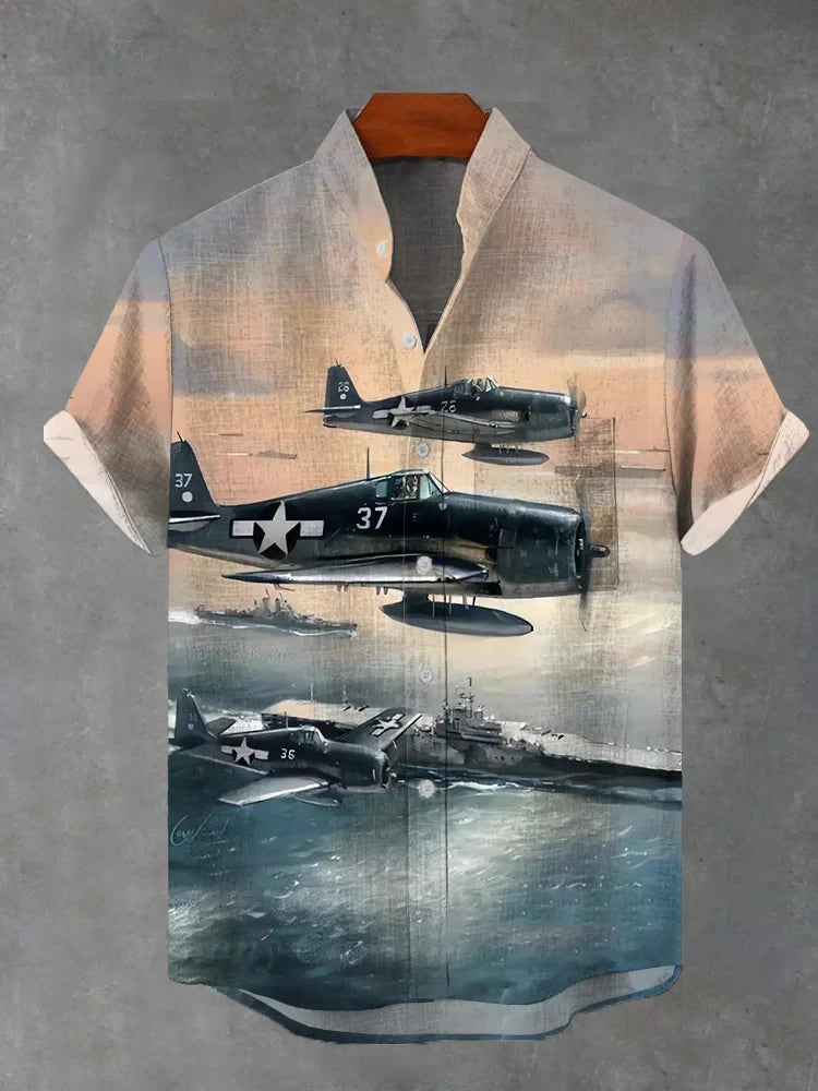 Men's stylish airplane print short sleeve shirt polyester fabric suitable for summer vacation