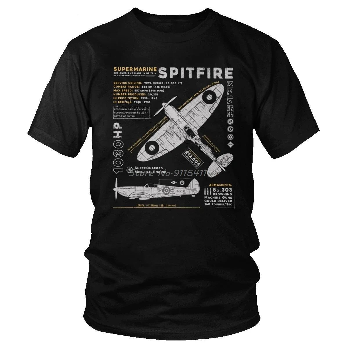 Vintage Supermarine Spitfire T Shirt Men Cotton Tee Short Sleeve Plane War Pilot Aircraft Airplane T-Shirt Gift