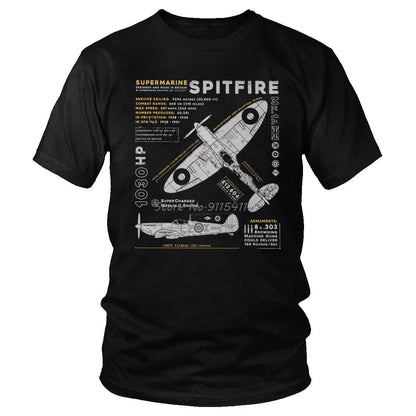 Vintage Supermarine Spitfire T Shirt Men Cotton Tee Short Sleeve Plane War Pilot Aircraft Airplane T-Shirt Gift
