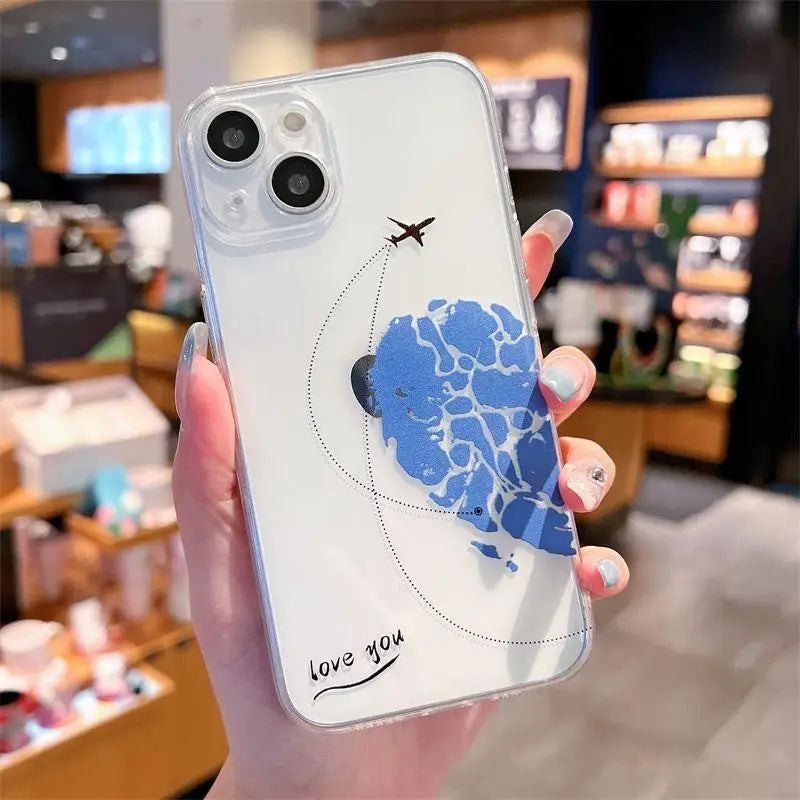 Aircraft Love Heart Couple Phone Case For IPhone 16 15 14 12 11 Pro Max 13 Mini XR XS X 7 8 Plus Plane Transparent Cover Fundas