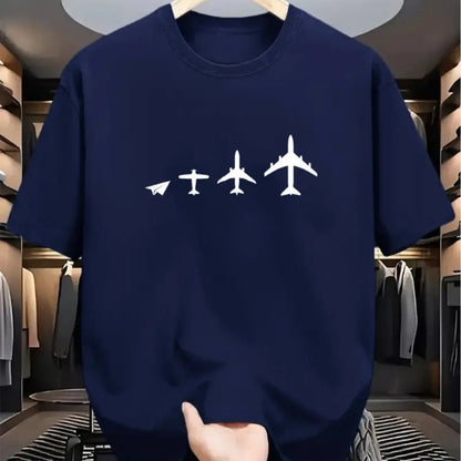 Men Cotton Crew Neck T-Shirt with Airplane Evolution Print Casual Sporty All-Season Short Sleeve