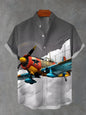 Men's stylish airplane print short sleeve shirt polyester fabric suitable for summer vacation