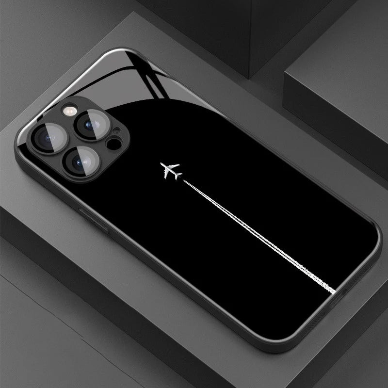 Sky Airplane Contrail Pattern Tempered Glass Phone Case For iPhone 11 12 13 14 15 16 17 Pro Max 17Air 16E 7 8 Plus XR XS X Cover