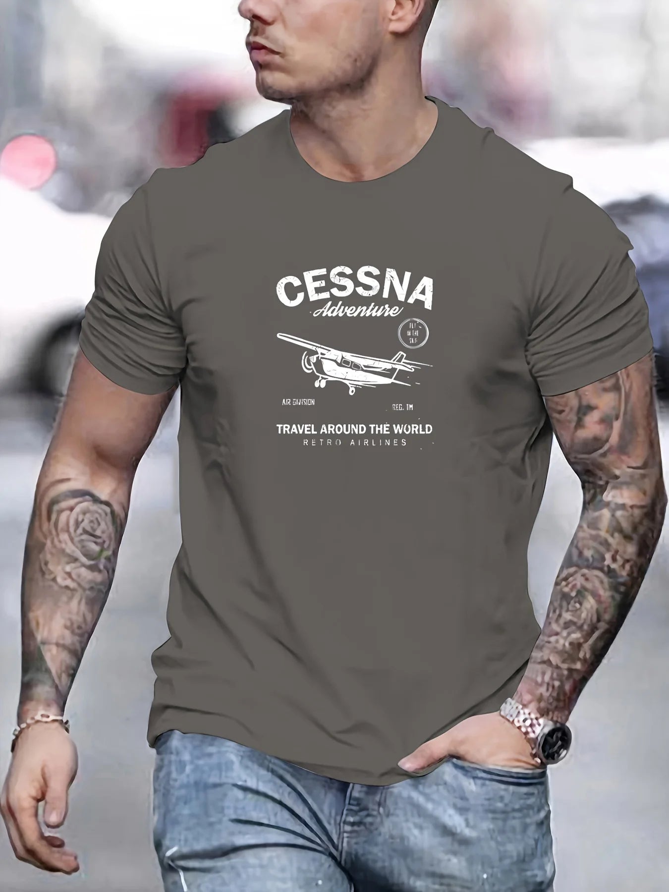 100 % cotton fashionable casual sports loose fit plus size airplane pattern printed round neck short sleeved T-shirt