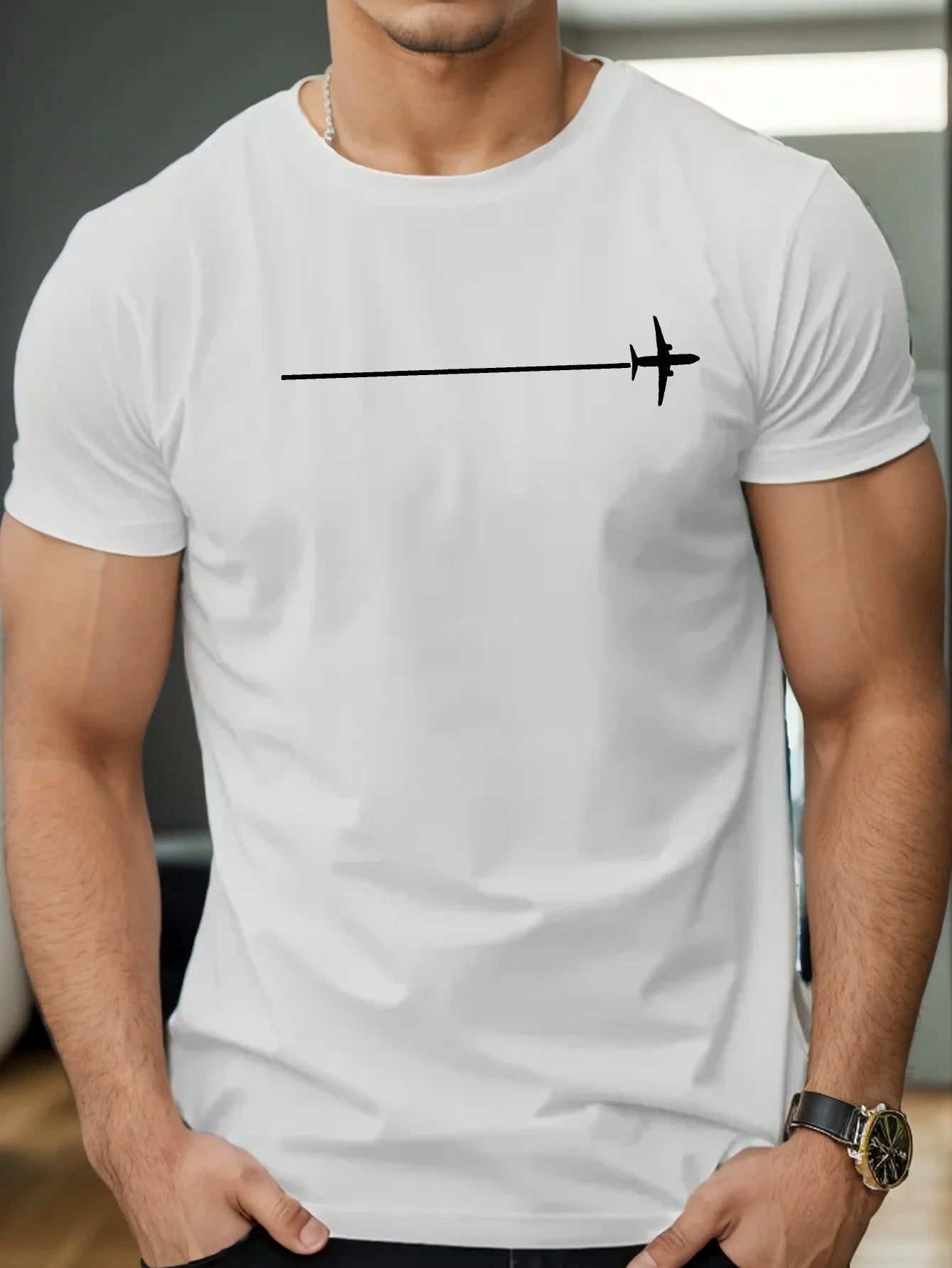 100 % pure cotton fashionable casual loose minimalist airplane pattern printed round neck short sleeved T-shirt