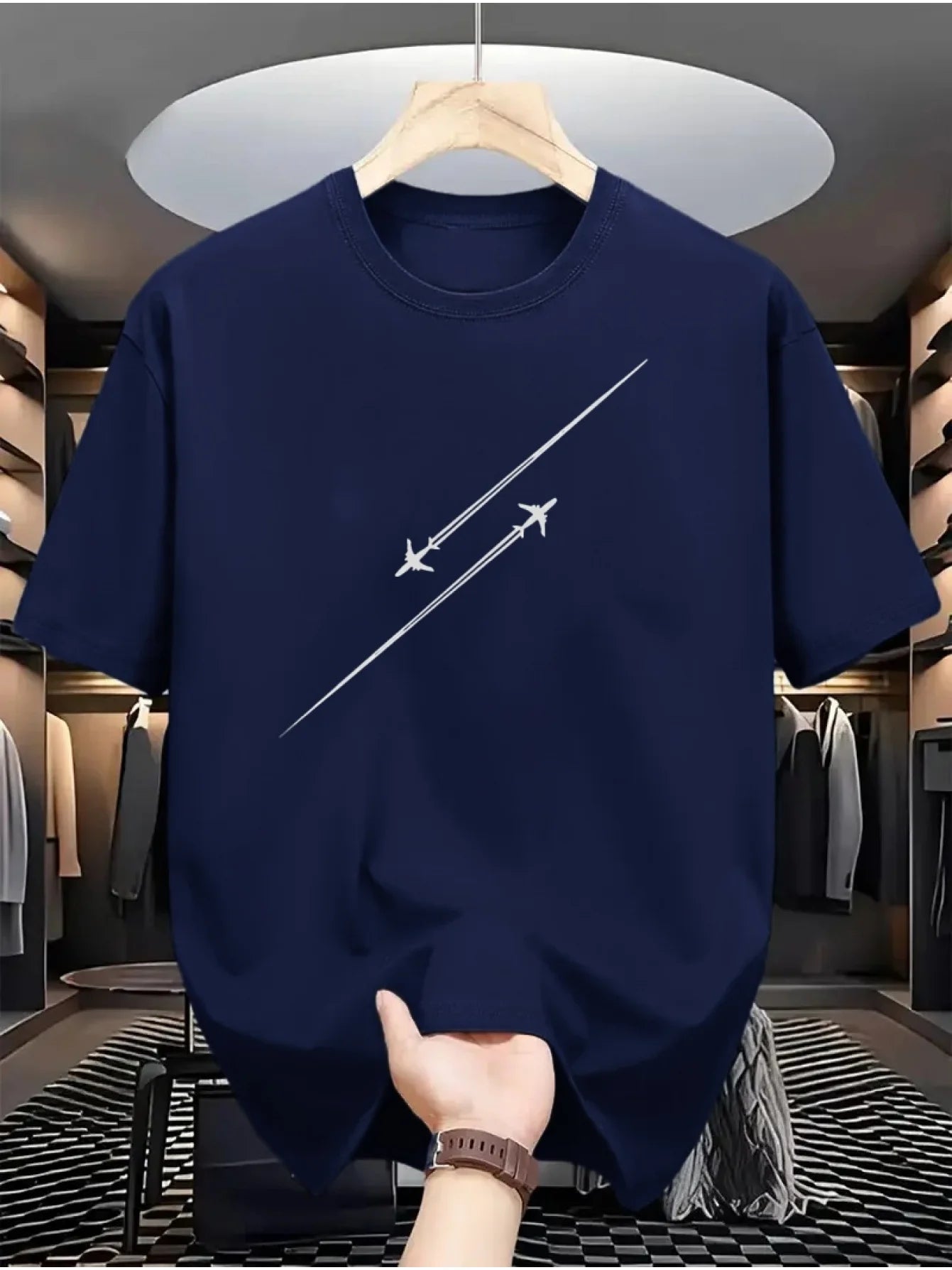 100% pure cotton airplane flight track printed fashionable and casual loose round neck short sleeved T-shirt top