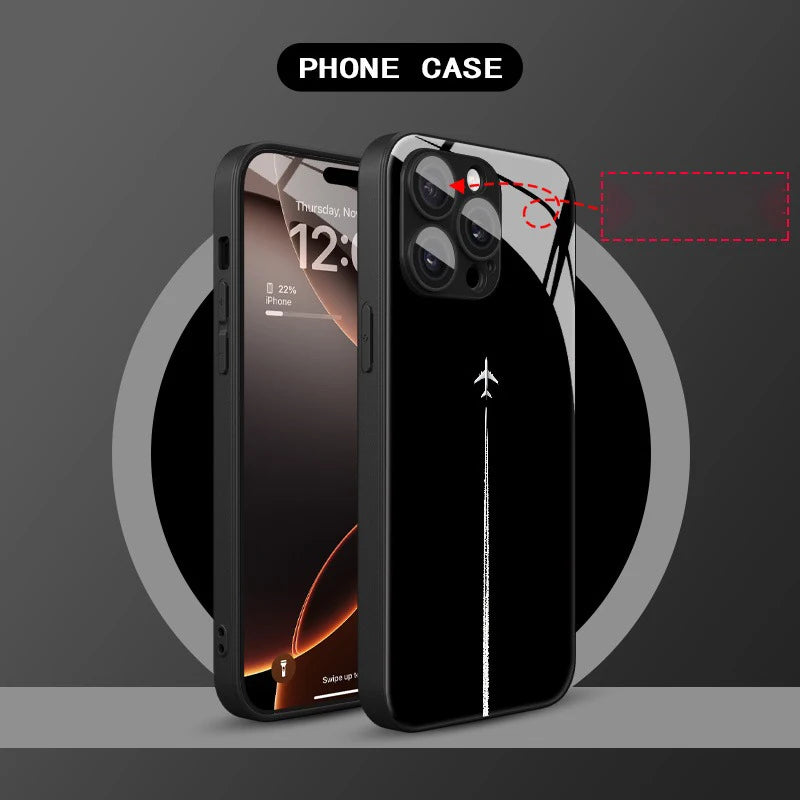 Sky Airplane Contrail Pattern Tempered Glass Phone Case For iPhone 11 12 13 14 15 16 17 Pro Max 17Air 16E 7 8 Plus XR XS X Cover