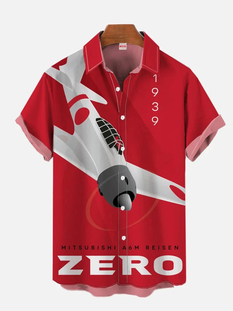 3D printed airplane model printed single-breasted shirt casual shirt lapel short-sleeved men