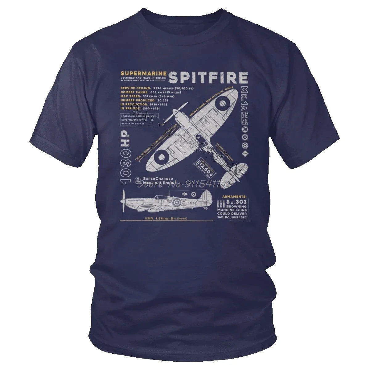 Vintage Supermarine Spitfire T Shirt Men Cotton Tee Short Sleeve Plane War Pilot Aircraft Airplane T-Shirt Gift